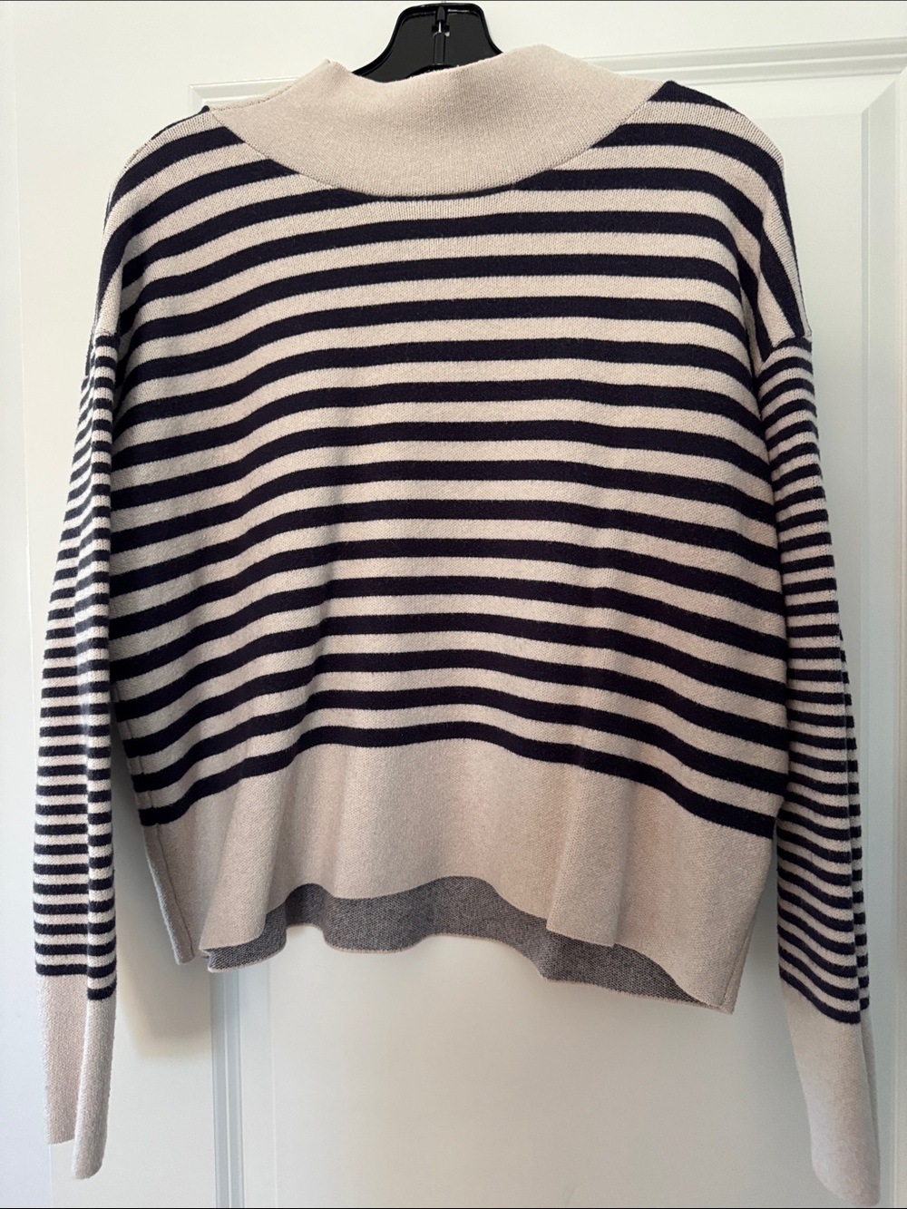 Anthropologie Maeve Navy and Beige Striped Mock Neck Sweater